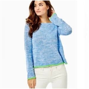 Lilly Pulitzer Zaylia Sweater Blue Marled Knit Neon Green Trim Preppy Resort (S)